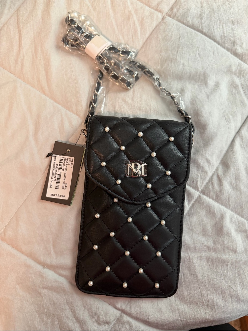 Black Quilted Pearl-Accent Crossbody Phone Bag